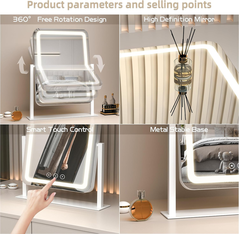 LED Vanity Mirror with Touch Control, Dimmable 3-Light Modes, 13.1"x16.7
