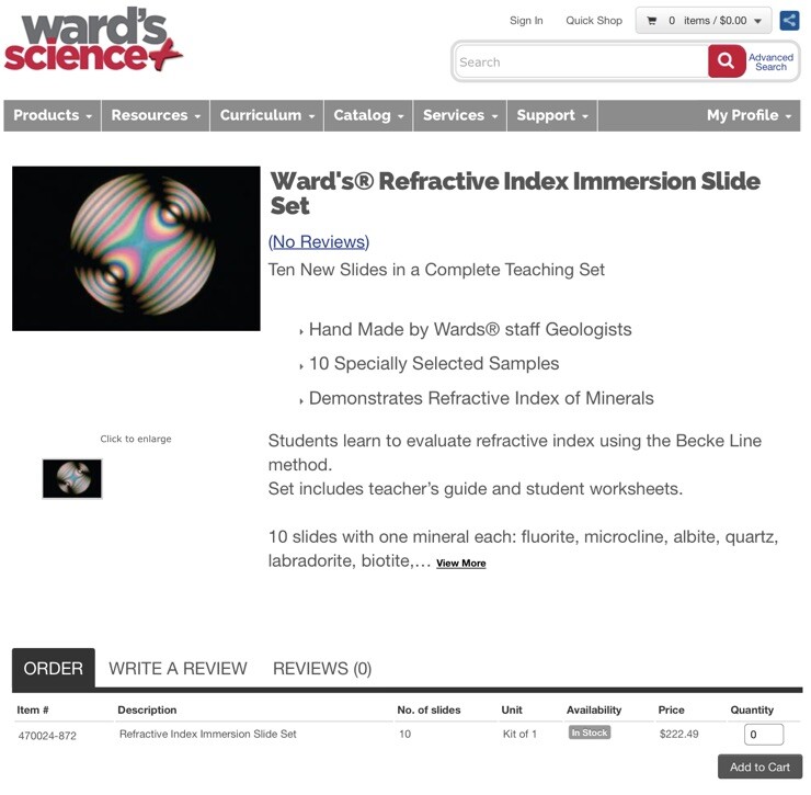 Wards Science Refractive Index Immersion Microscope Slide Set