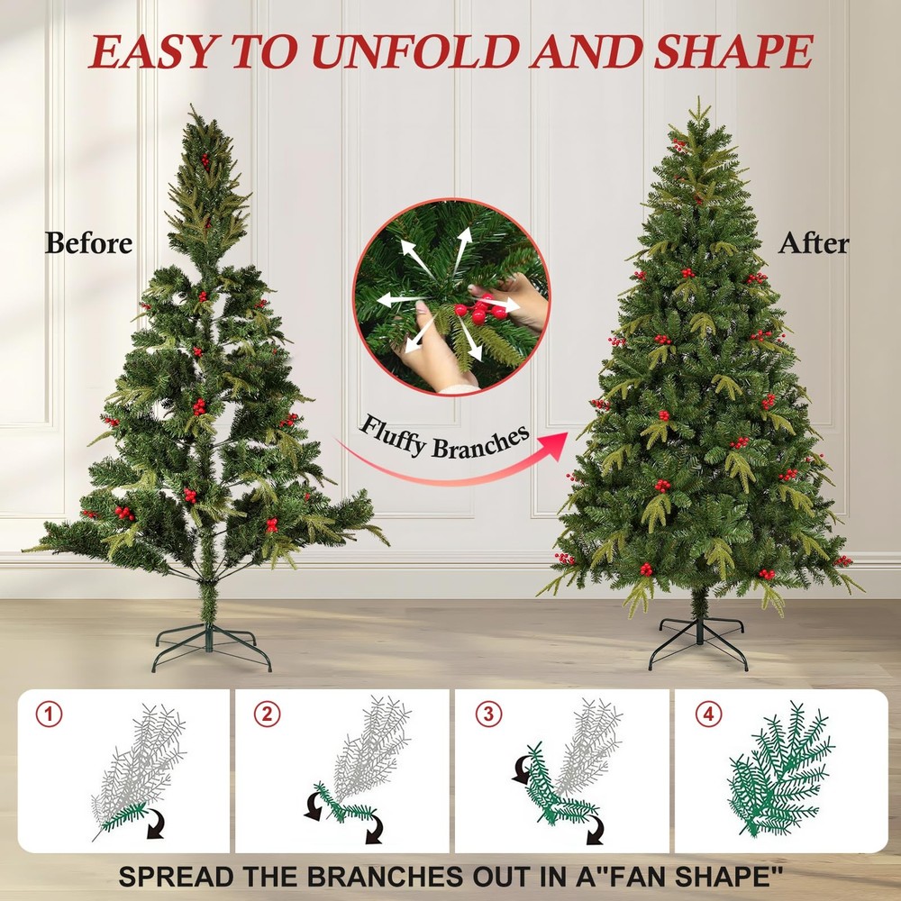 Uten Artificial Christmas Tree, 5Ft 5ft, Mixed Green Tree With Red Berries