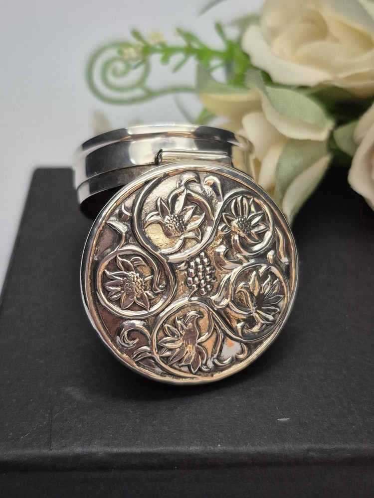 PILLBOX - Sterling Silver Pill Box. Round Embossed Design. Hinged lid.