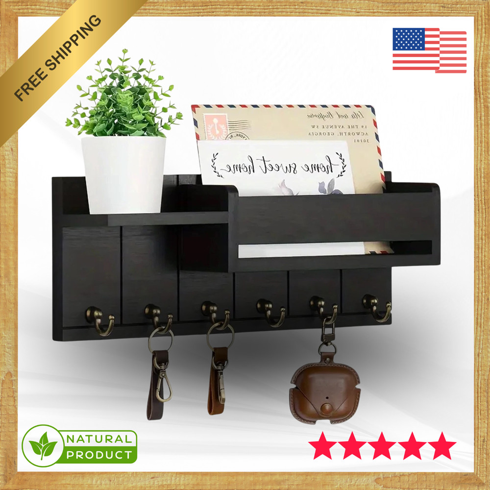 Wall-Mounted Key Holder & Mail Organizer with Hooks - Entryway Storage & Decor