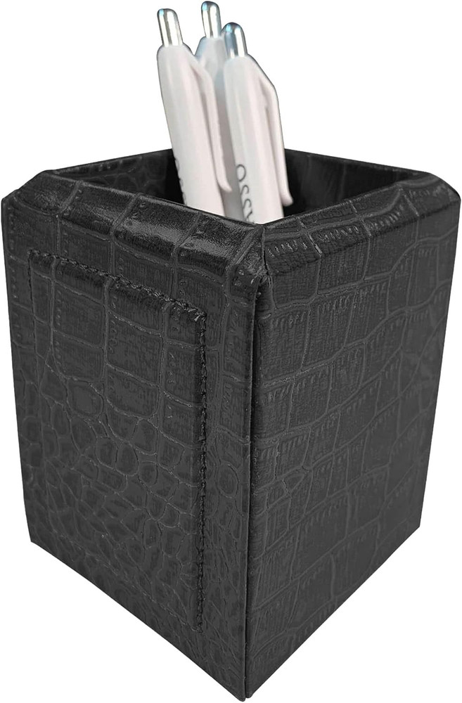Black Crocodile Embossed Leather Pencil Cup