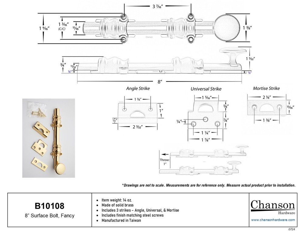 Chanson Hardware Solid Brass 8" Surface Bolt w/ Ornate Guides - Satin Brass