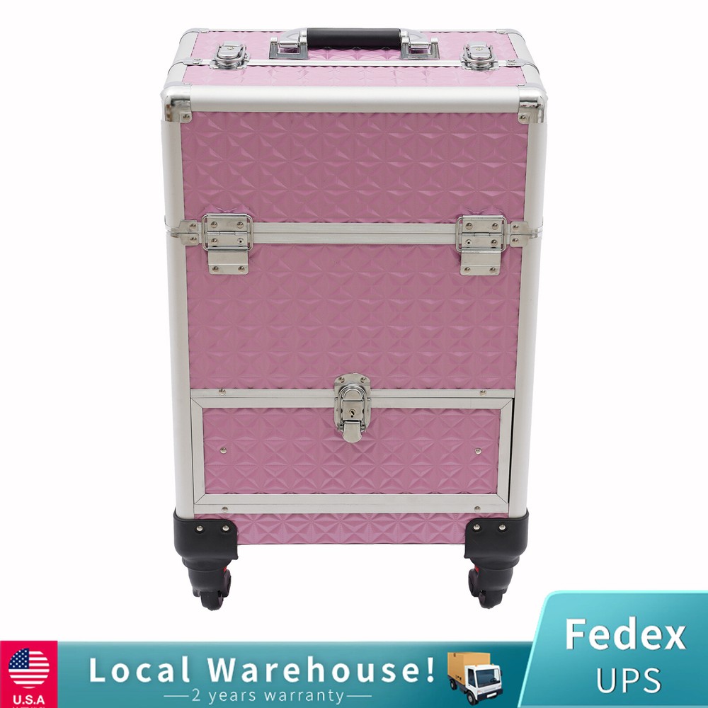 Rolling Makeup Train Case Cosmetic Trolley Makeup Storage Organizer Luggage Box~