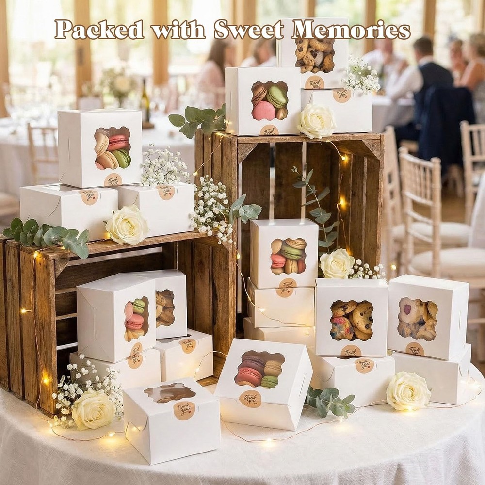 50pcs Cookie Boxes 4x4x2.4 Inches White Bakery Boxes with Window, Mini Cake C...