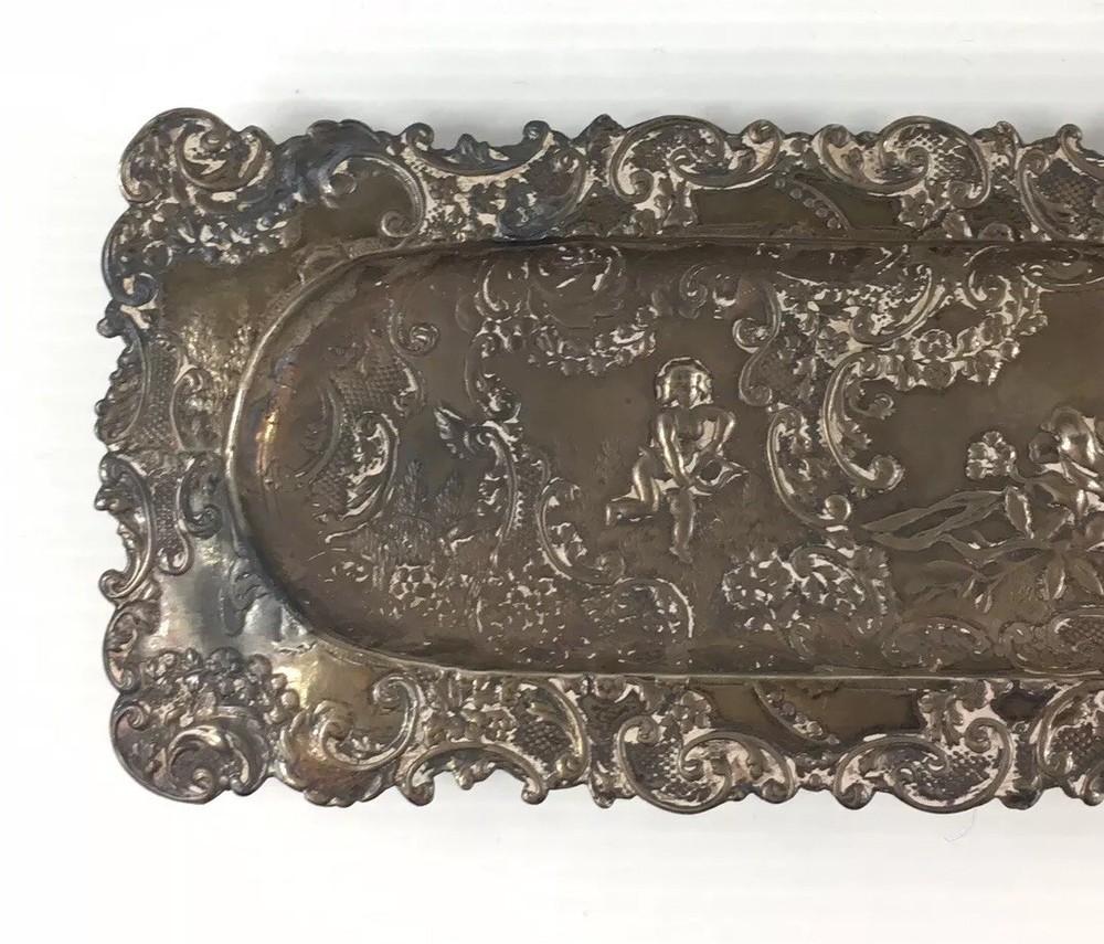 Antique 1893 Samuel Boyce Landeck Solid Silver Putti/Cherubs Embossed Pen Dish