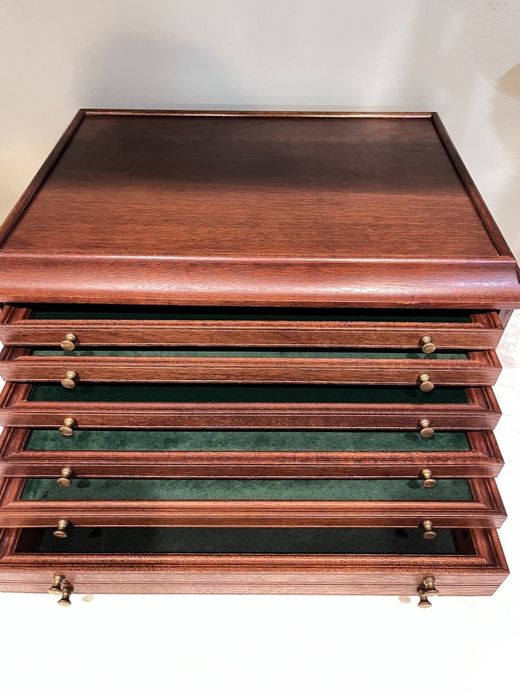 Mahogany Solid Wood Tabletop Chest 6 Drawers Velvet Green Lined Brass Knobs