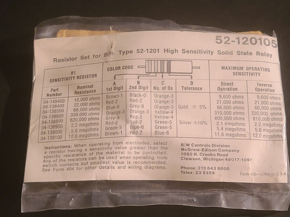 52-120105	RESISTOR Set for B/W Type Controls High Sensitivity Solid State Relay