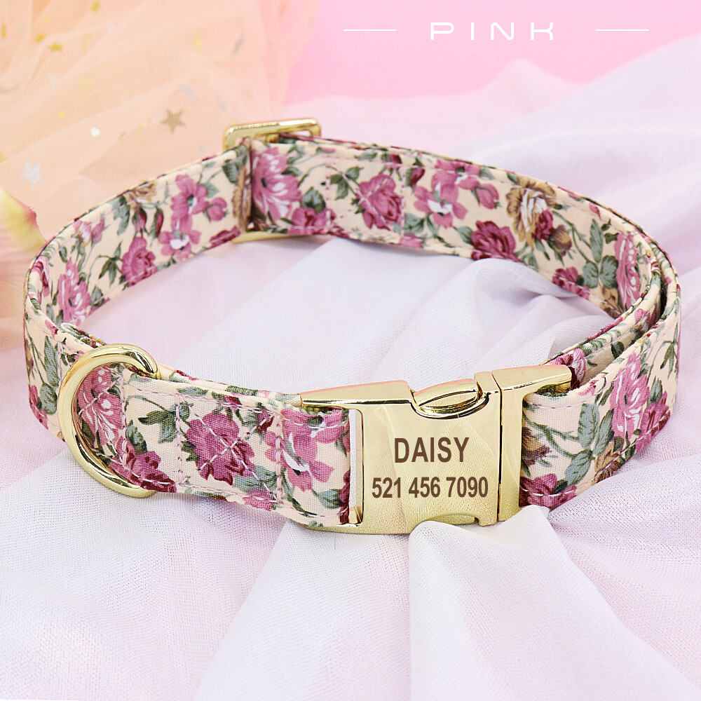Floral Flower Dog Collar and Leash Personalized Name Engraved Custom Adjustable