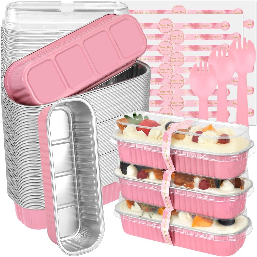 100 Pack Pink Mini Loaf Pans, 6.8oz, Lids, Spoons, Rectangular Aluminum Foil.