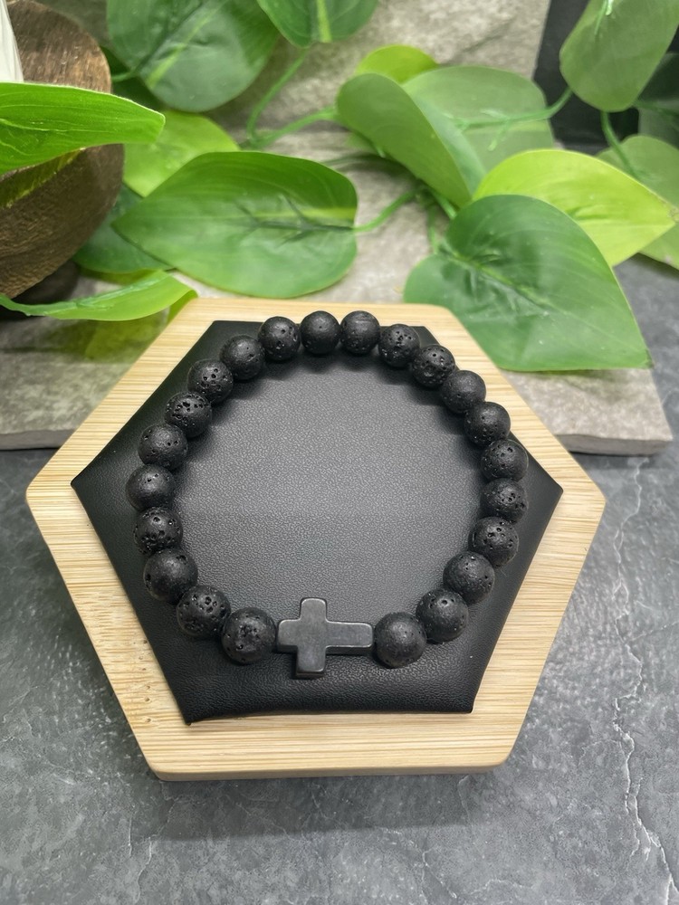 Handmade Stone Bead Stackable 7” Plus Stretch Bracelet Cross New Free Ship B8331