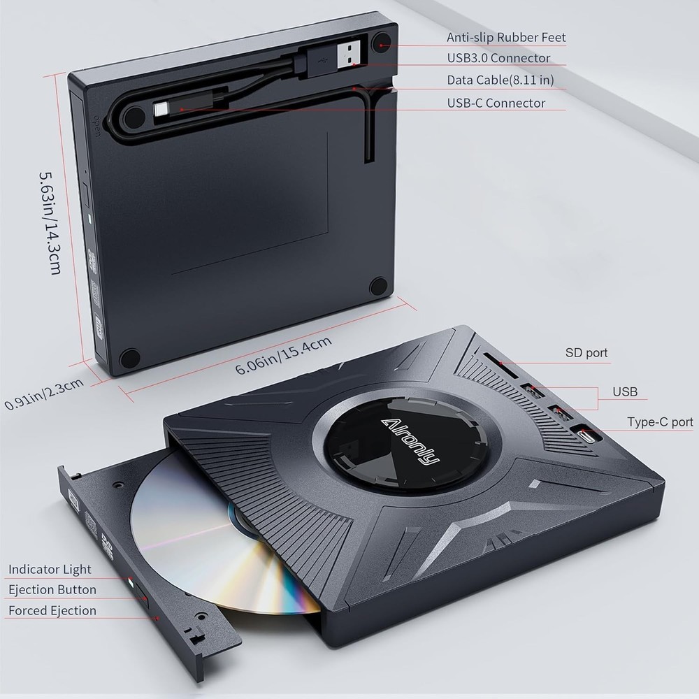 External CD/DVD Drive for Laptop/PC, USB 3.0 Type-C Portable Player for Compu...