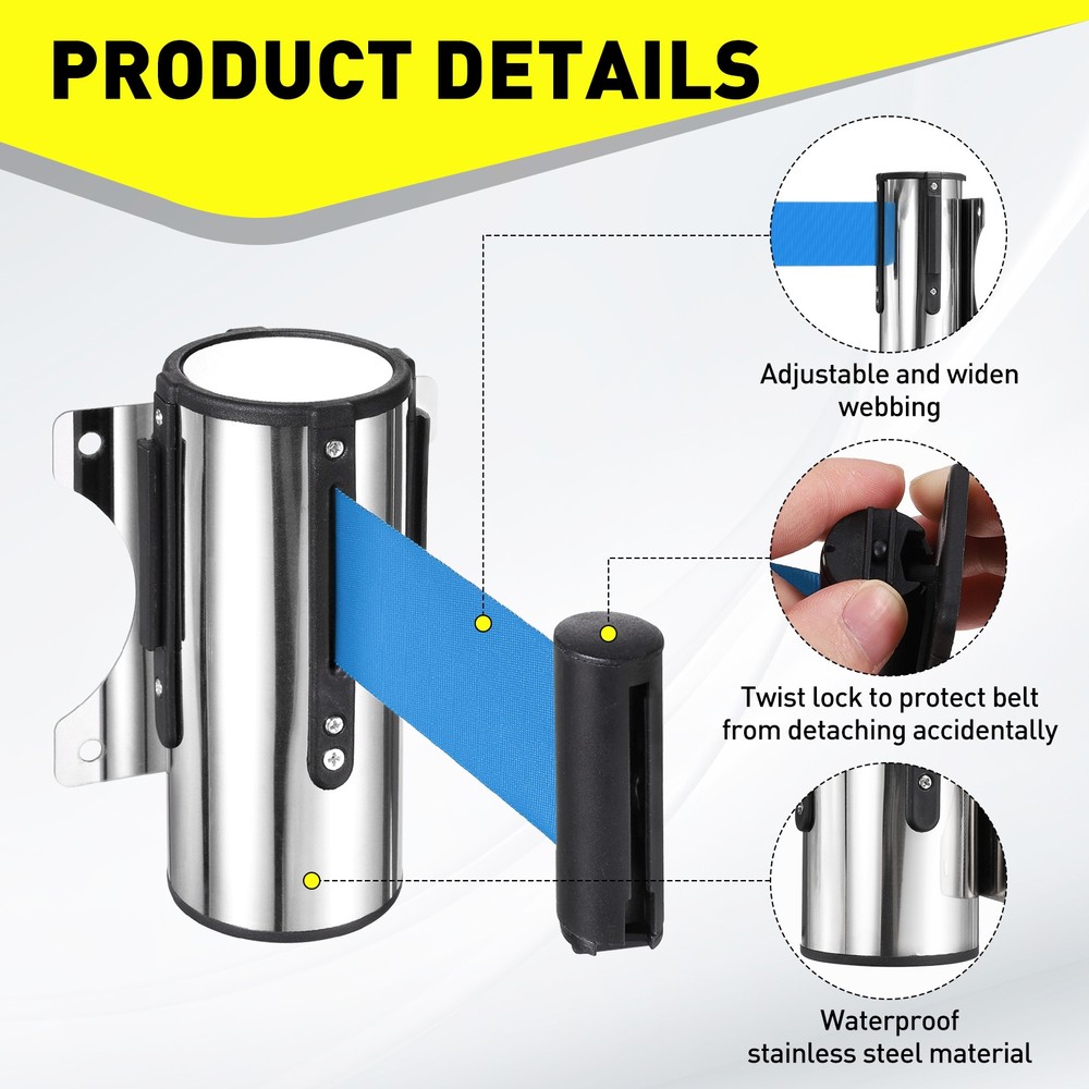 16.4 Foot Fixed Wall Mount Retractable Belt Barrier Set, Blue