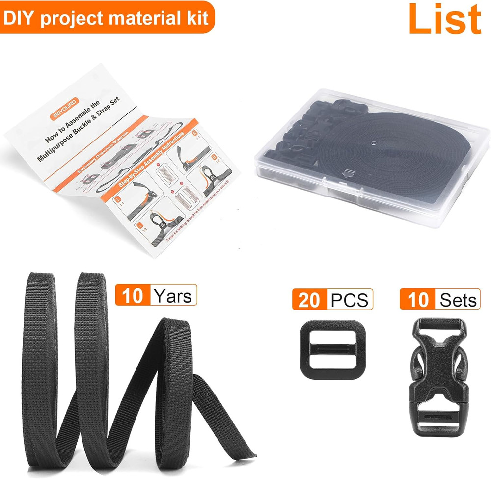 Buckle and Strap Set 3/8", 10 Yards Webbing Strap, 10-Pack Dual Adjustable Side