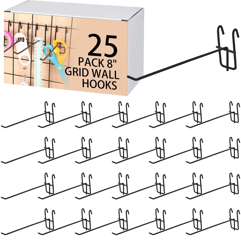 Grid Wall Hooks 8 Inch 25 Pcs Panel Heavy Duty Mount Organizer Display Black