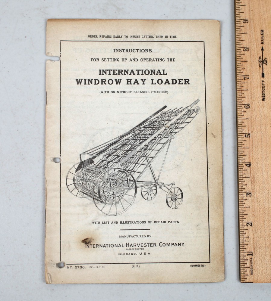 International Harvester 1921 Windrow Hay Loader Instruction Owners Manual
