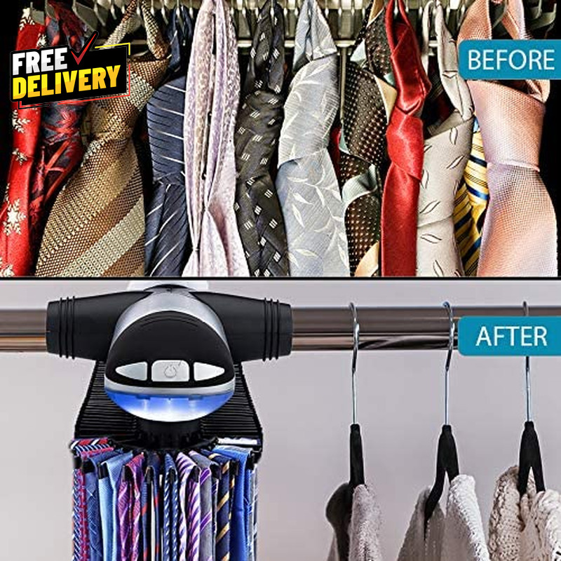Motorized Tie Rack Closet Organizer with LED Lights Includes J Hooks for Wired..