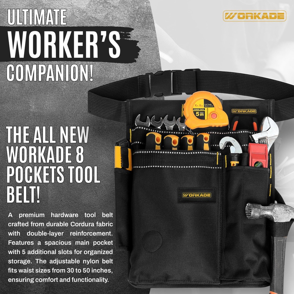 WORKADE Magnetic 8-Pockets Single Side Tool Belt for Men & Adjustable, Grey