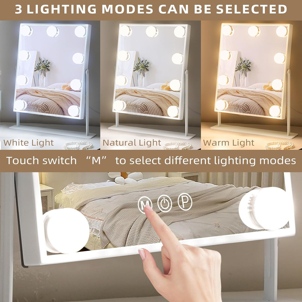 Lighted Vanity Mirror with 9 LED Bulbs & 10X Magnifying Mirror, 360° Rotation