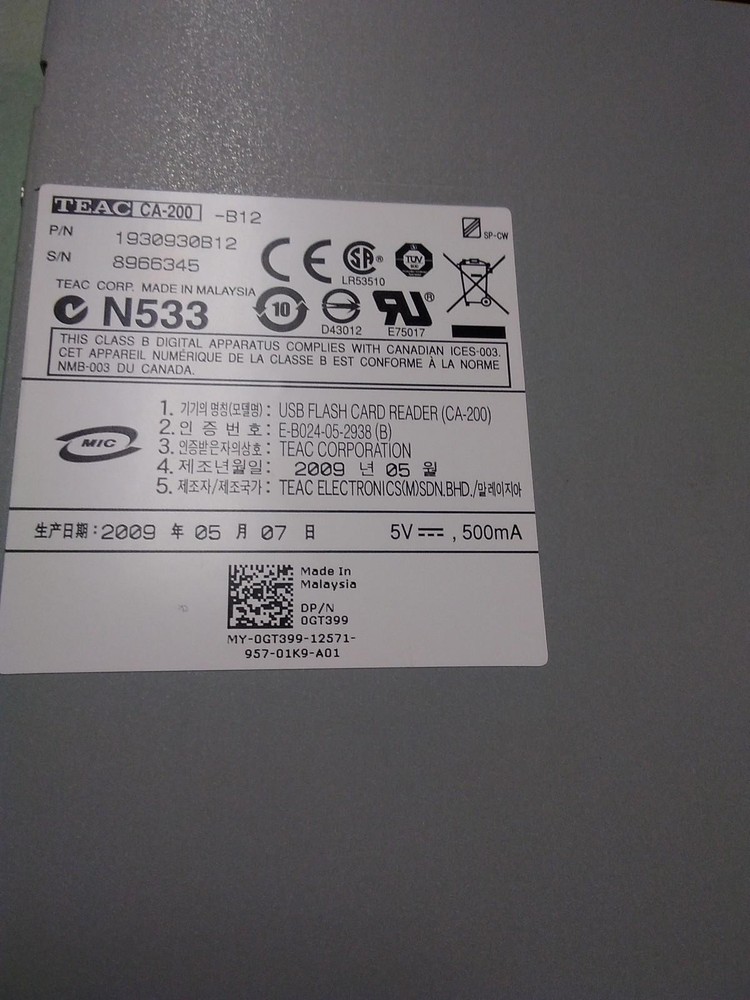 Dell GT399 TEAC CA-200 3.5" Black Multi Format Internal USB Flash Card Reader