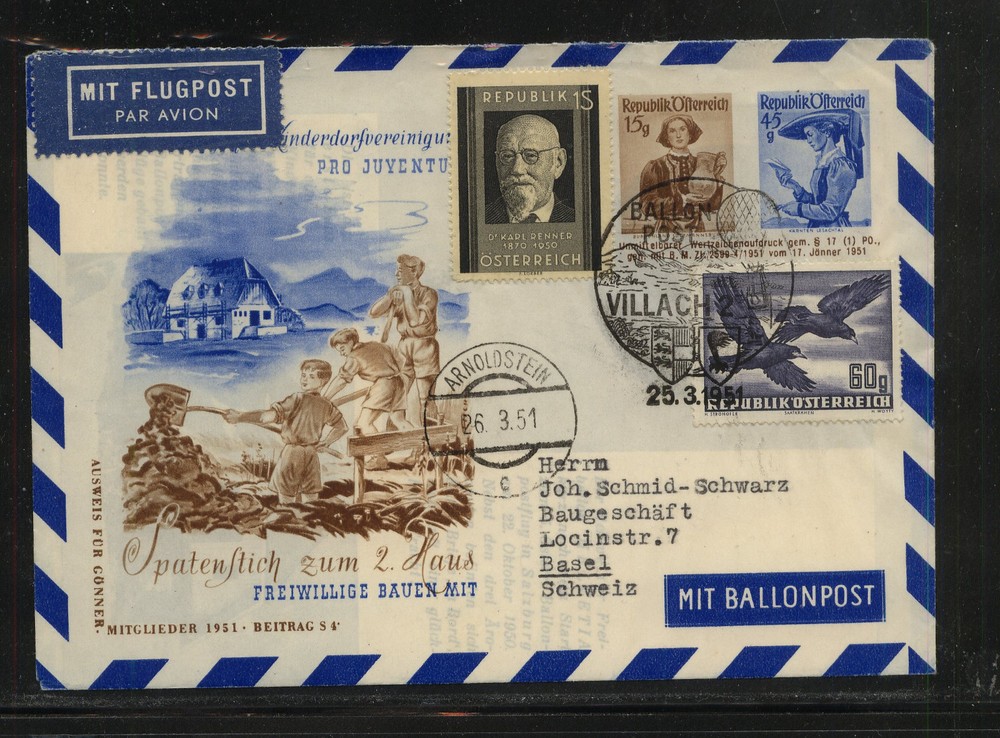 Austria   uprated postal envelope ballon flight 1951 nice cachet       KL0907