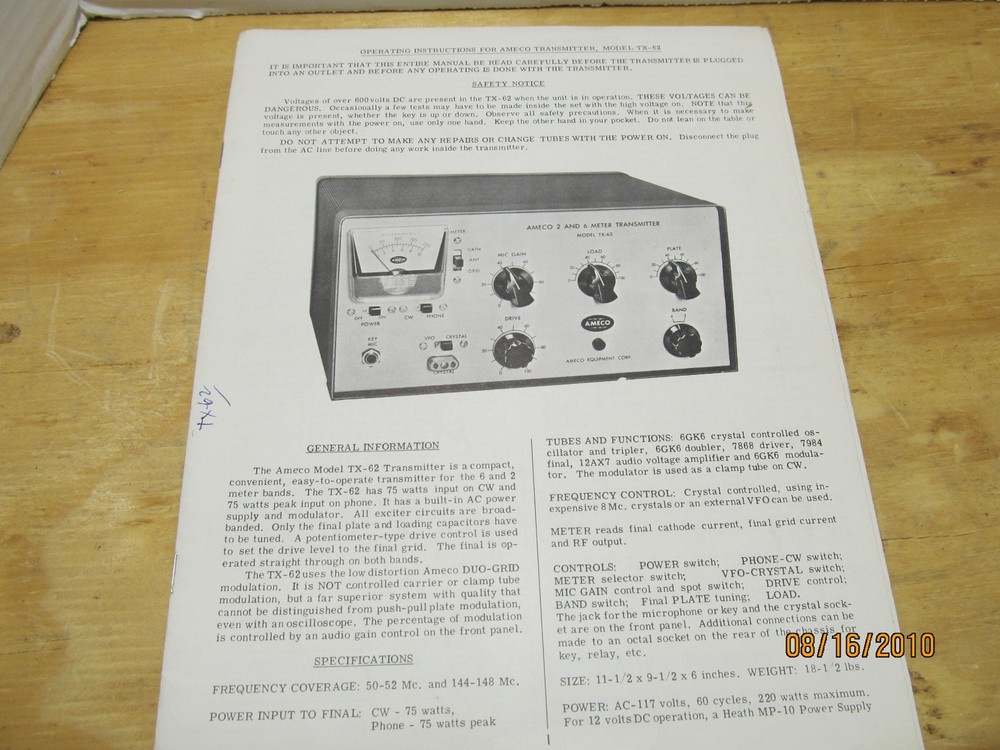 AMECO TX -62 MANUAL ORGINAL