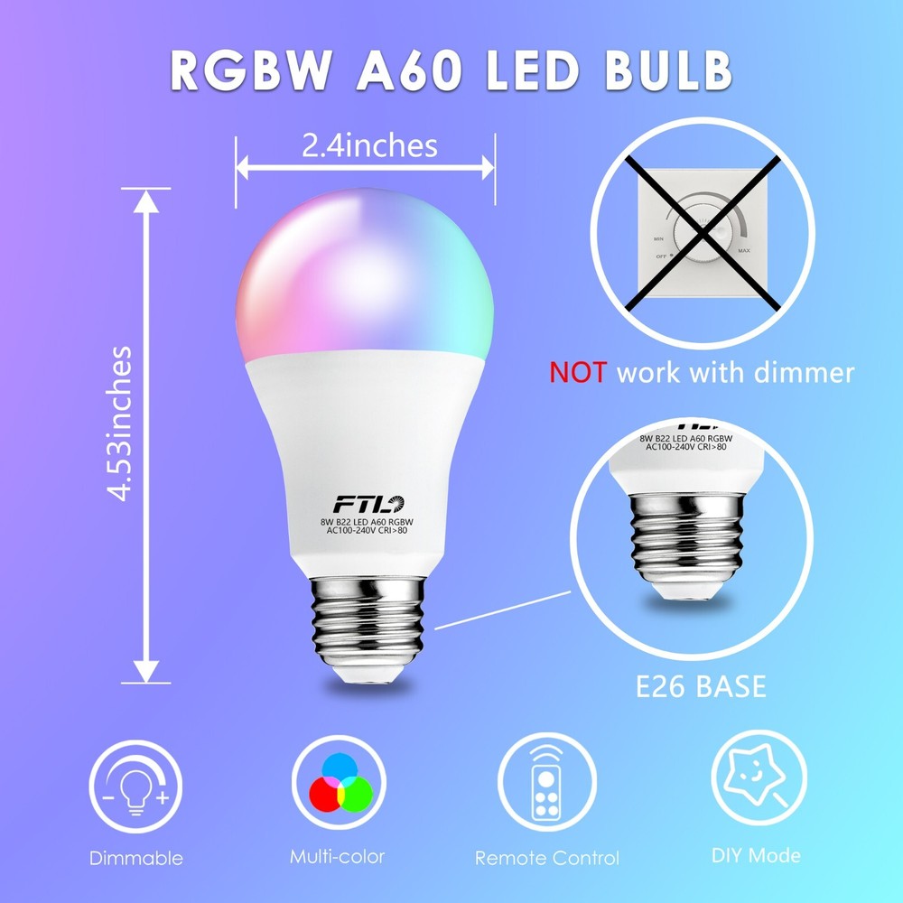 FTL 2-Pack LED Color Changing Light Bulb with Remote Control 60W Equivalent RGB