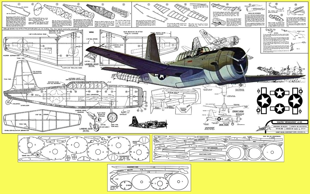 Comet Model Airplane Plans (FF): Vultee A-35 "Vengence" 20" Scale Rubber-Powered