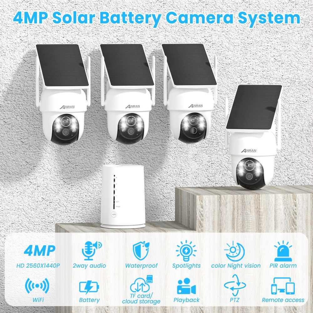 ANRAN 4MP Security Camera System Solar Powered Wireless PTZ Outdoor w/ NVR Base