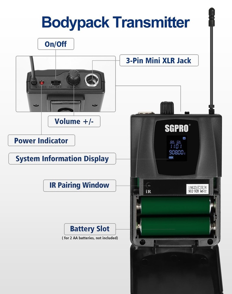 Dual Channel Wireless Microphone System - UHF Handheld, Bodypack, Head-Worn &...
