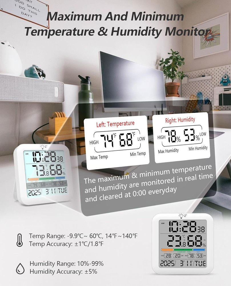 Mini Digital Indoor Thermometer Hygrometer Clock, Room Temperature Humidity...