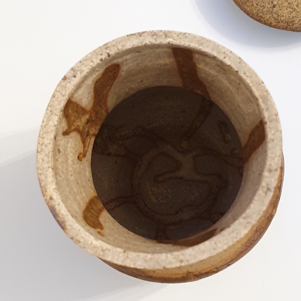 Vintage MCM Earthenware Covered Jar Ash Glaze Threaded 6.5"H Signed