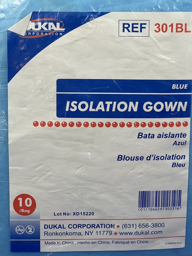 Dukal 301BL Isolation Gowns Universal Blue 10 Count Bag