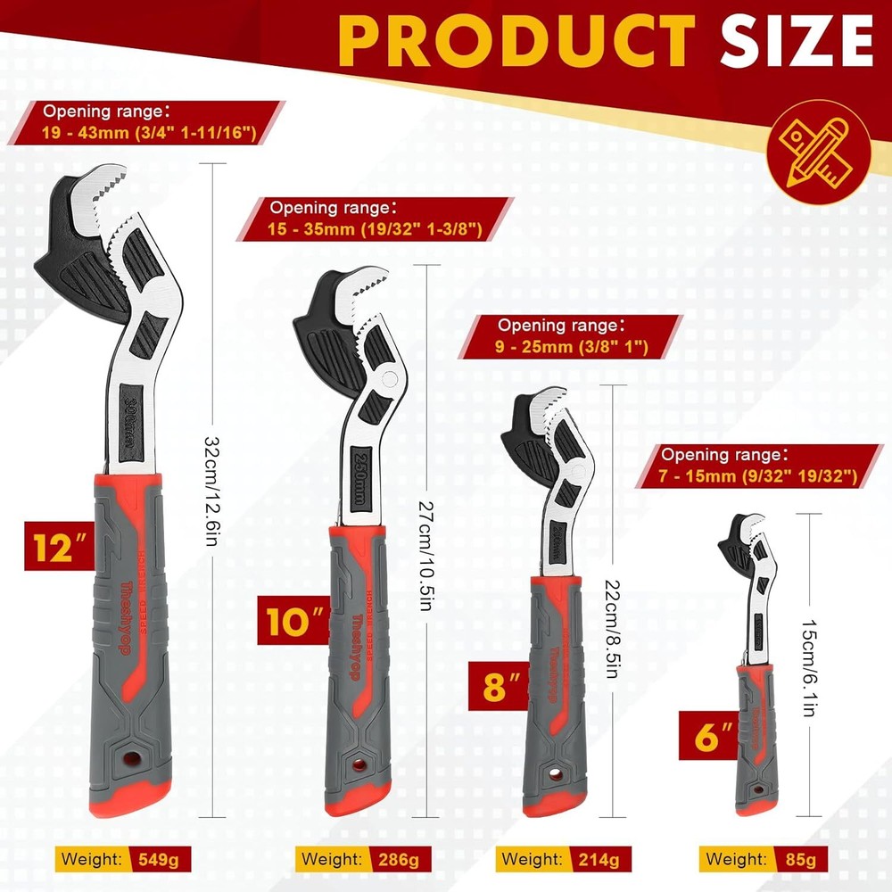 Self-Adjusting Pipe Wrench, 6", 8", 10", 12" Pipe Vise, Multifunctional