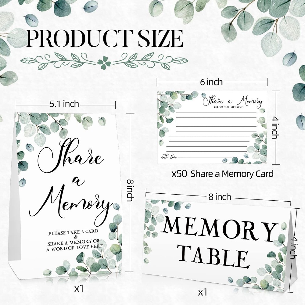 52 Pcs Greenery Eucalyptus Share a Memory Cards and Memory Table Signs Greene...