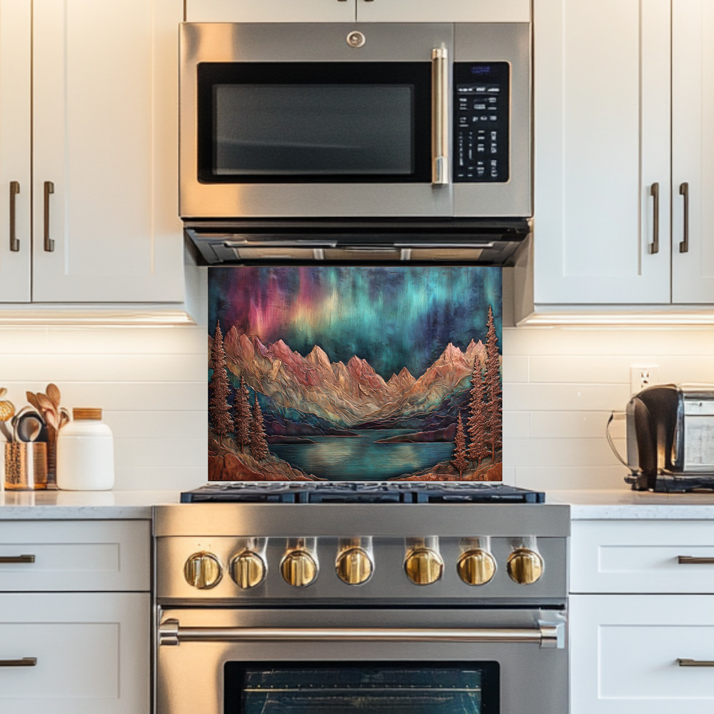 Landscape Design in Copper Look Printed Tempered Glass Kitchen Backsplash