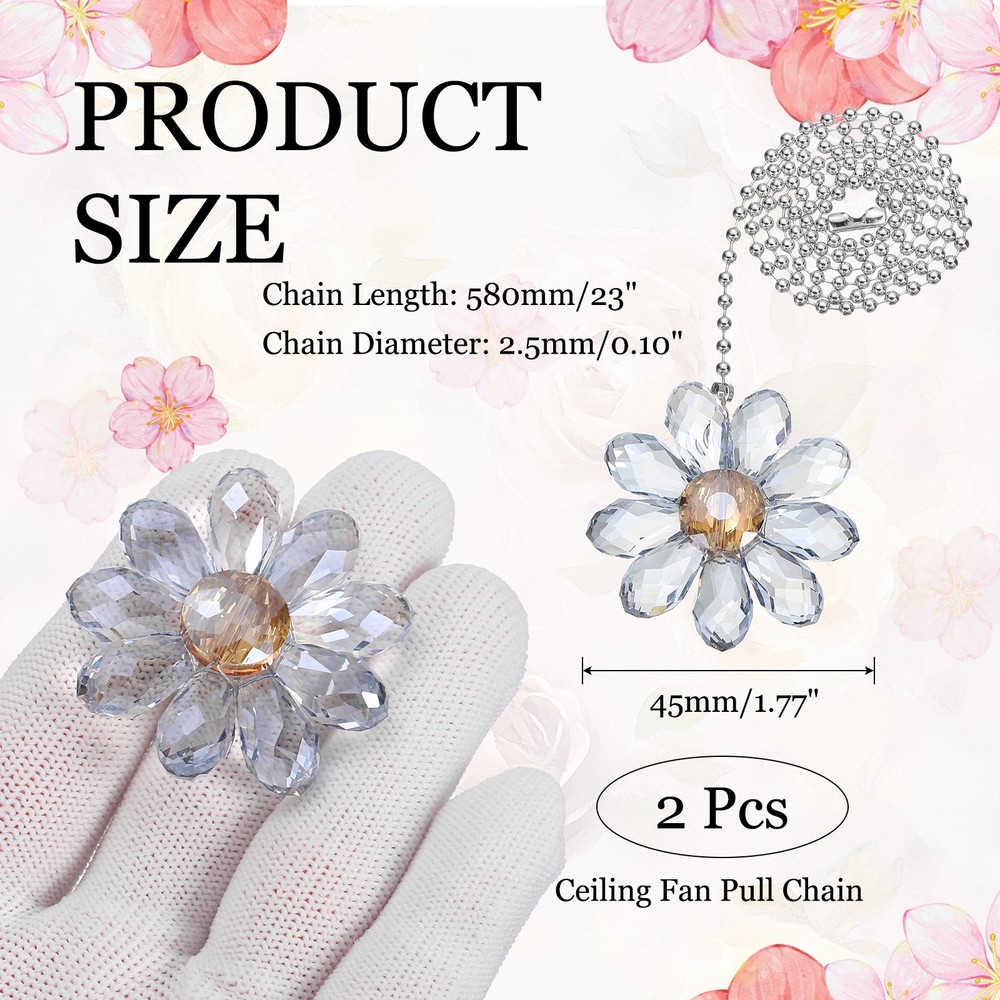 2Pcs Ceiling Fan Pull Chain 24" Crystal Flower Pendant Chain Extender Light Blue