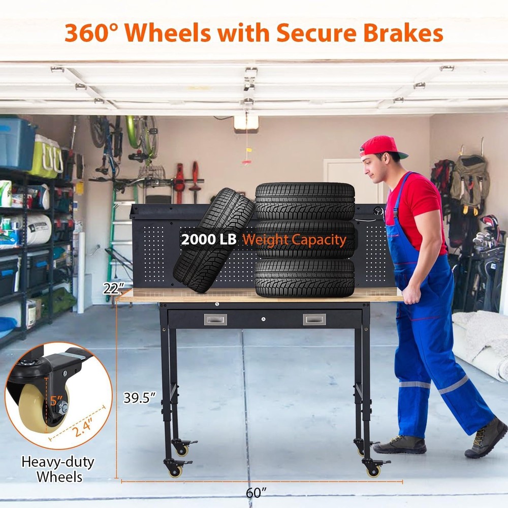 60" Adjustable Workbench ,Heavy Duty Garage Work Table with Pegboard and Drawer