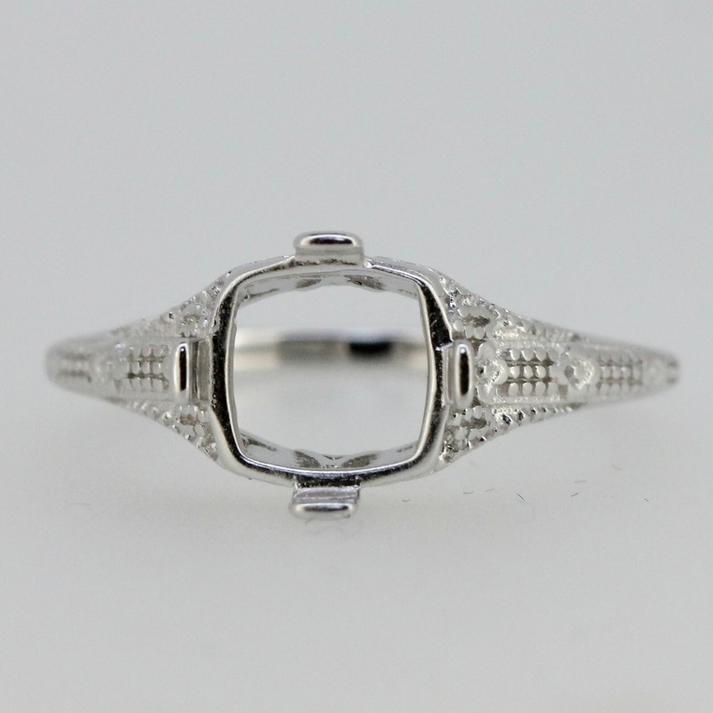 Sterling Silver Semi Mount Ring Setting Cushion CU 8x8mm Art Deco Style