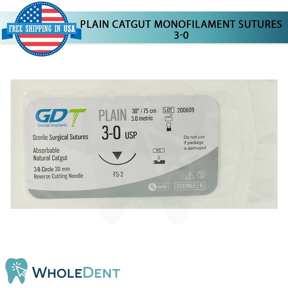 Monofilament Plain Catgut Suture Sewing Thread 3/8 Circle Reverse Sterile 3-0