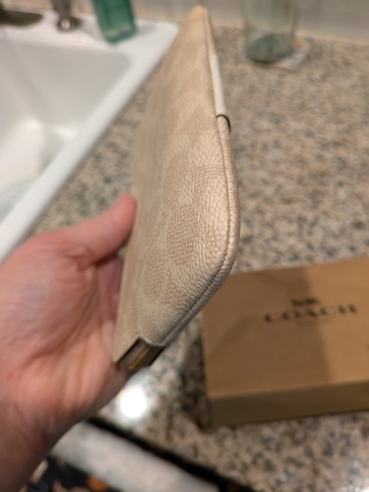 Coach Corner Zip Wristlet Wallet w/ Strap, Logo Pattern, Beige/White