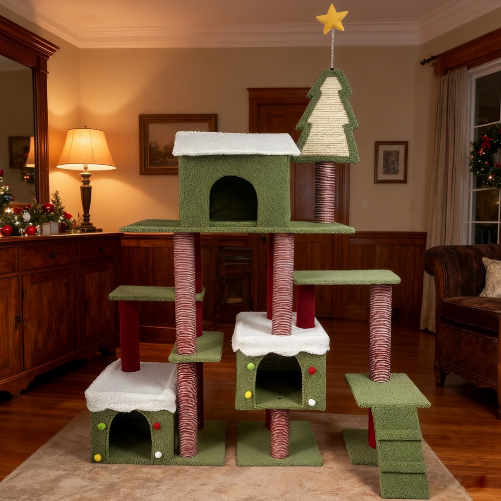 Christmas Cat Tree with Scratching Posts & Hideouts - Multi-Level Playground