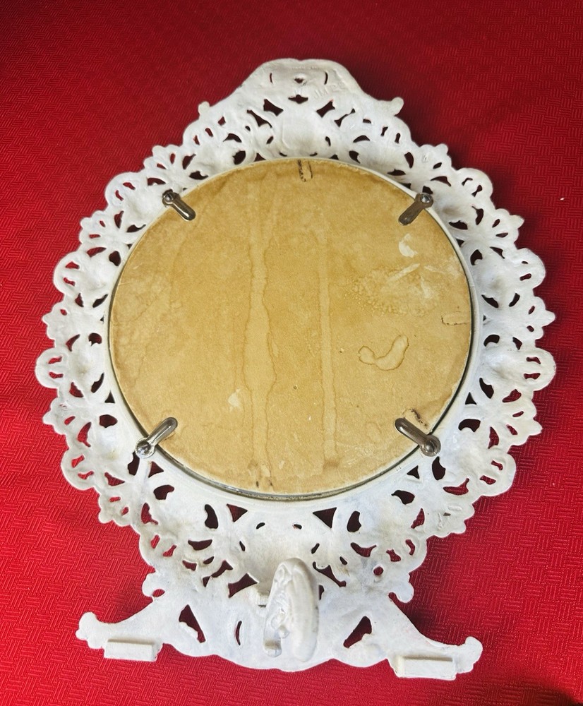 Large Ornate White Cast Iron Vanity Mirror Scroll Frame Tabletop Easel Stand