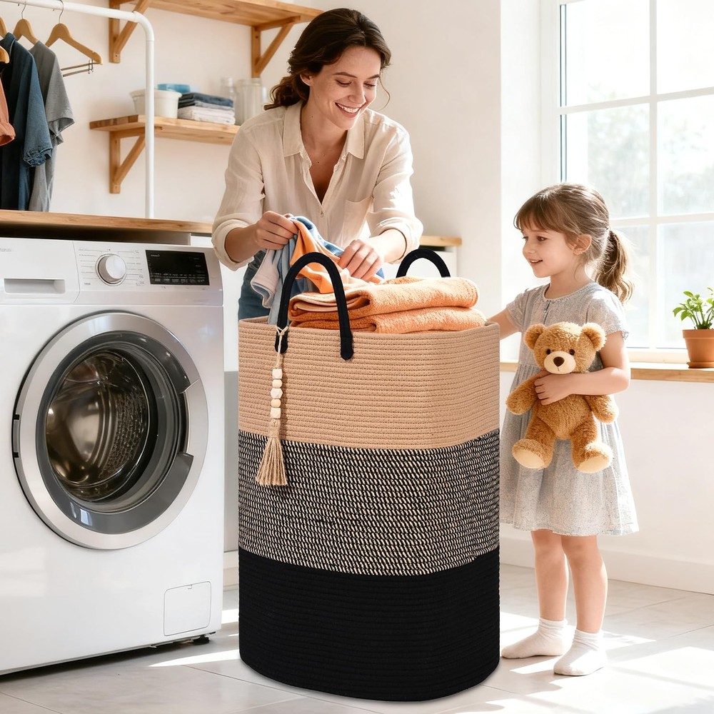 Woven Laundry Basket for Clothes, 65L Large Rectangle Laundry Hampers with Be...
