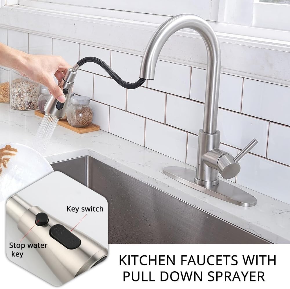 Kitchen Faucet with Pull Down Sprayer Multitask Mode Single Handle High Arc Pull