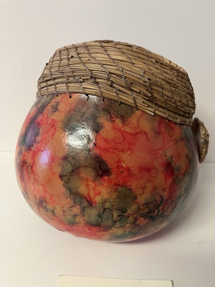 Hand Painted Gourd Colored w/ Alcohol Inks & Handcrafted Pine Needle Rim