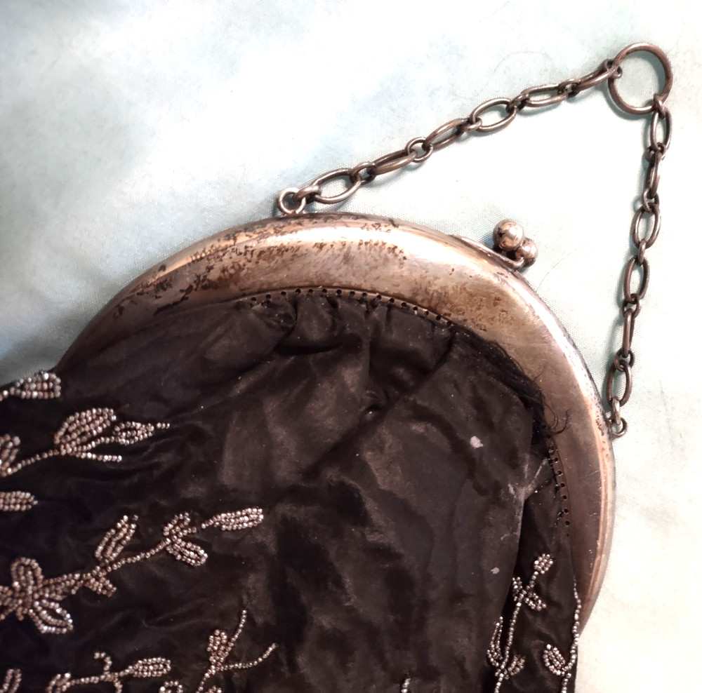 Fabulous! Edwardian Micro-Beaded Purse with Sterling Silver Repousse Frame