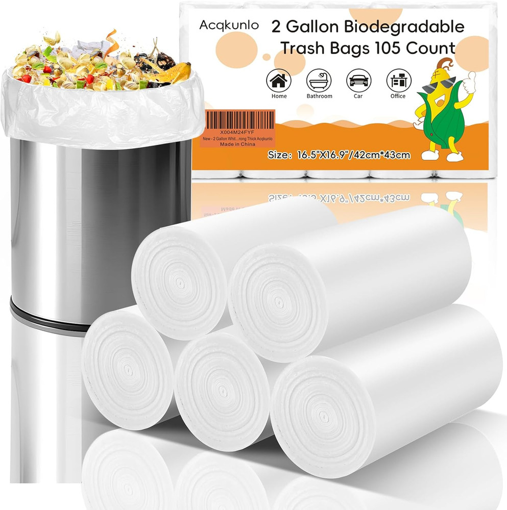 2 Gallon White-Biodegradable Small Trash Bag - Mini Garbage Bags For Bathroom...