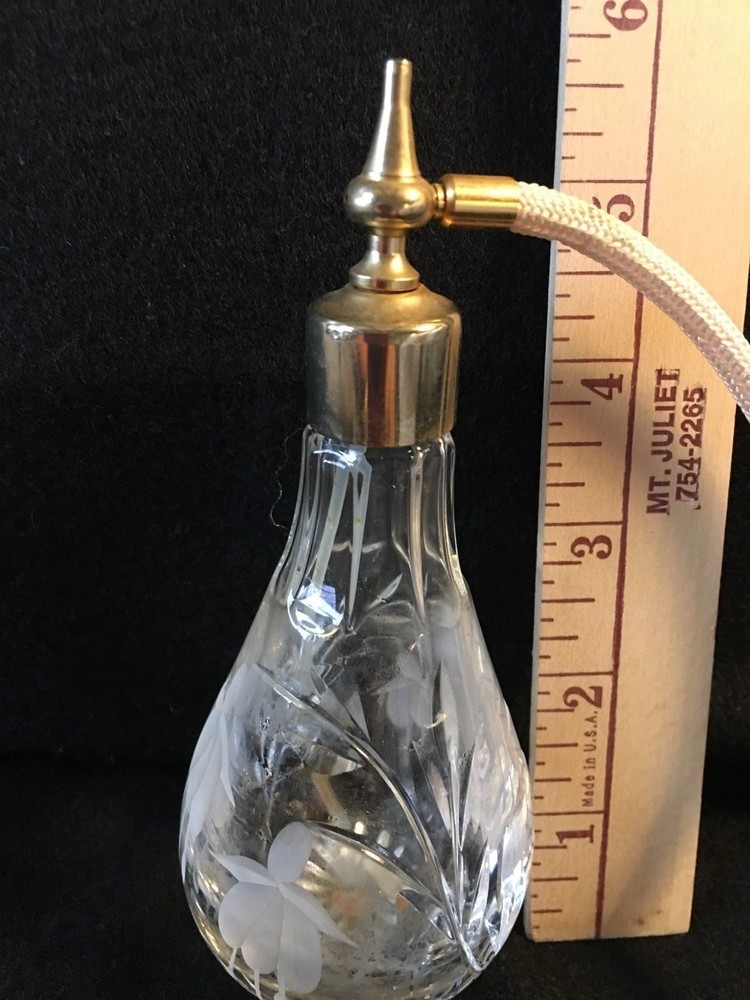 Clear Cut Glass Etched FLOWER Atomizer PERFUME Bottle