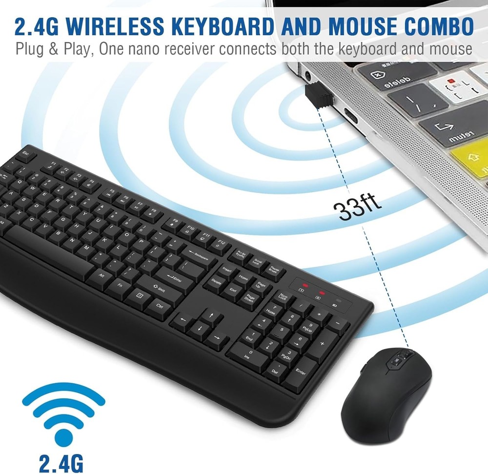 Wireless Keyboard and Mouse Combo, EDJO 2.4G Full-Sized Ergonomic WITH USB